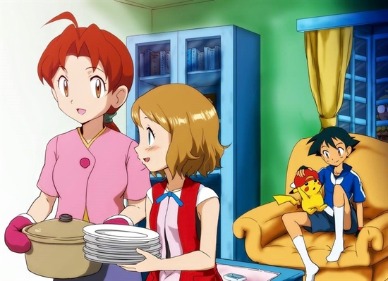 Ash e amigos adultos, junto de seus filhos.