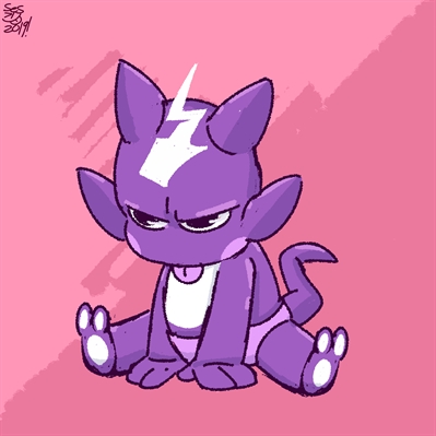 Um pôster de pokémon roxo e preto com um coelhinho fofo e raios roxos.